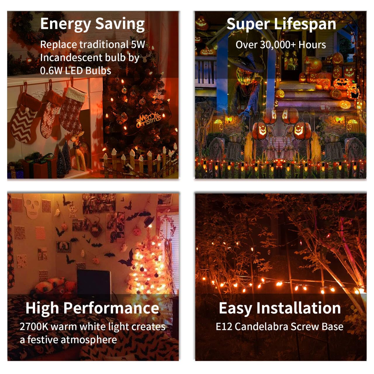 CHYParty 25 Pack C7 Replacement Bulbs, Orange LED Halloween Light Bulbs for Outdoor String Lights, Patio, Christmas Decor, E12 Candelabra Base, Durable & Energy-Saving