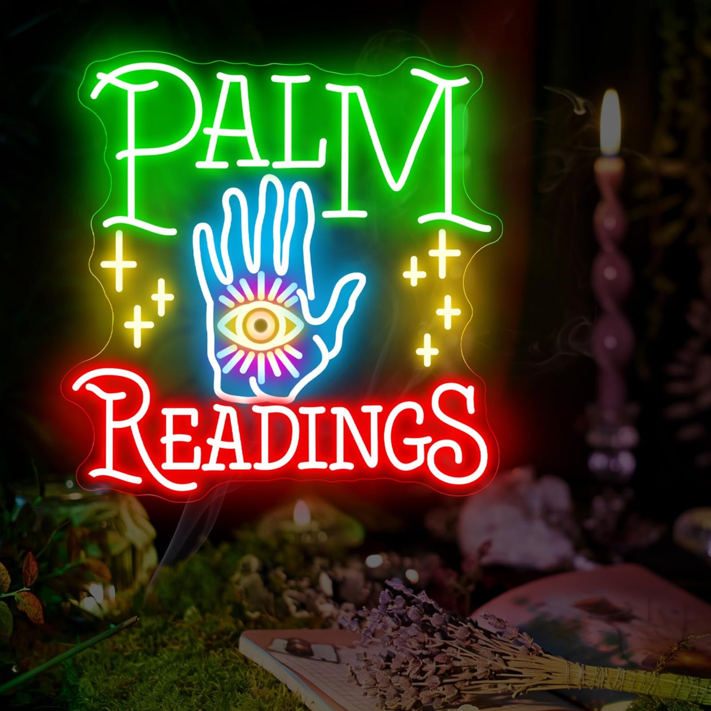 Palm Readings Neon Sign, Fortune Teller LED Neon Sign Wall Decor, Psychic Tarot Reading Neon Signs for Wall Decor, Mystical Neon Sign for Bedroom Studio Lounge 18.9”×18.5”