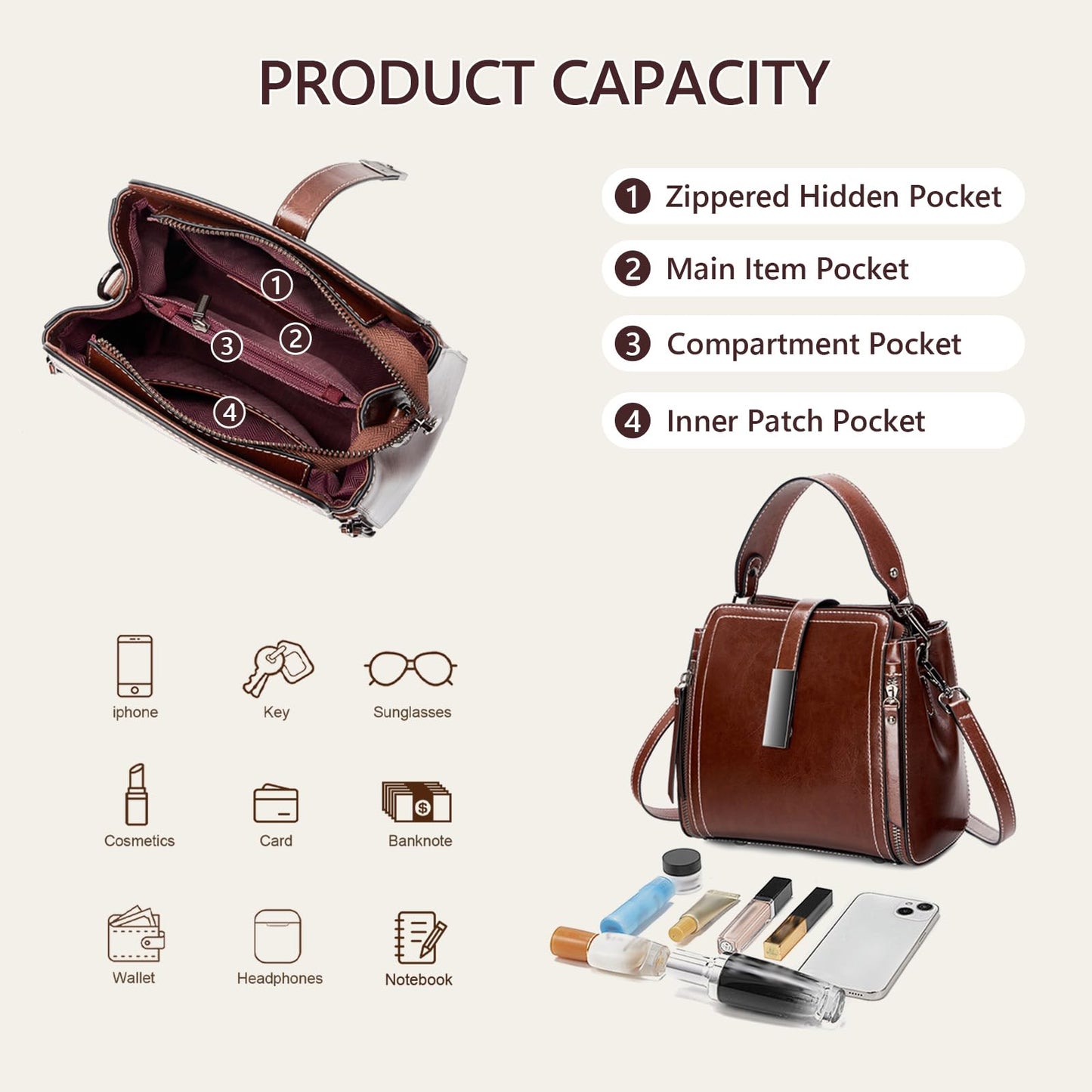 MoreFarther Genuine Leather Crossbody Bags for Women, Designer Leather Purses Bucket Shoulder Bag with Adjustable Straps(Coffee)