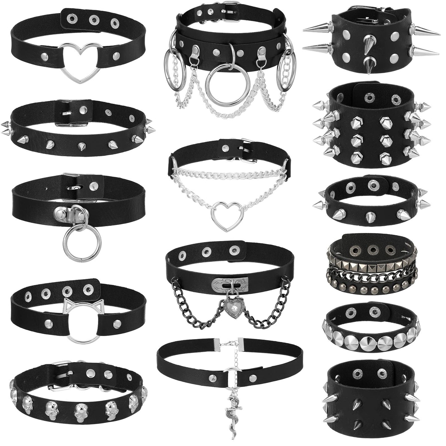 Afcabakila Black Punk Goth Choker Necklace & Spiked Studded Bracelets Set, 9 Adjustable PU Leather Collars & 6 Rivet Spiked Cuffs, Gothic Rock Metal Wristband for Daily Wear Cosplay Festival
