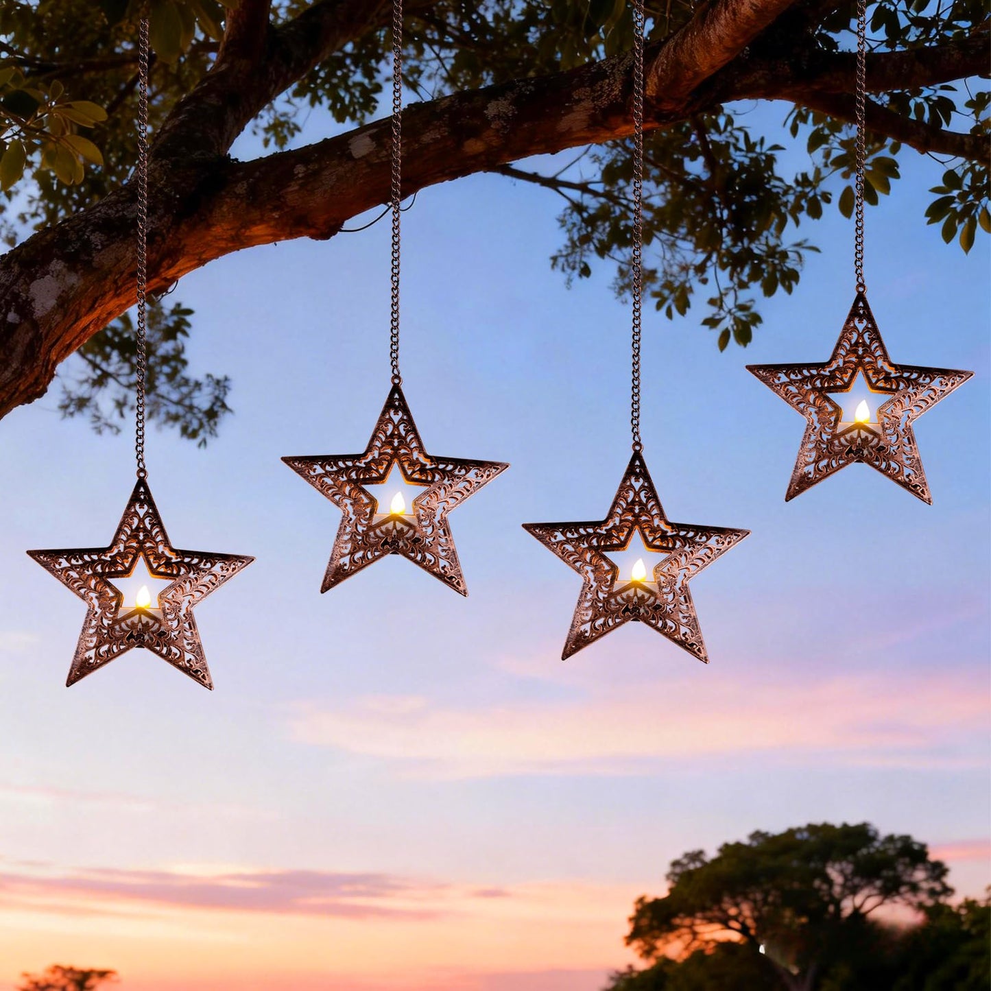 Hanging Solar Lights for Outside Trees, 4 Pack 6-Inch Hanging Star Lantern with Solar Tea Lights Outdoor Waterproof Chandelier, Patriotic Star Lights for 4th of July Decorations Porch Patio Pergolas