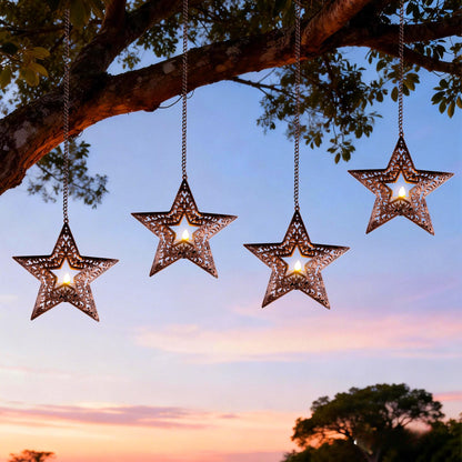 Hanging Solar Lights for Outside Trees, 4 Pack 6-Inch Hanging Star Lantern with Solar Tea Lights Outdoor Waterproof Chandelier, Patriotic Star Lights for 4th of July Decorations Porch Patio Pergolas