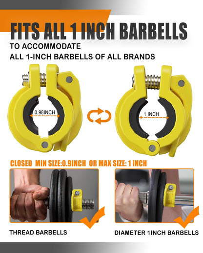 MAXRICH T Barbell Clamp 1 inch Multiple Sizes & Adjustable Weight Clips for Barbell Quick Release Barbell Clips|Barbell Collar Bar Locks for Weight Lifting (Yellow)
