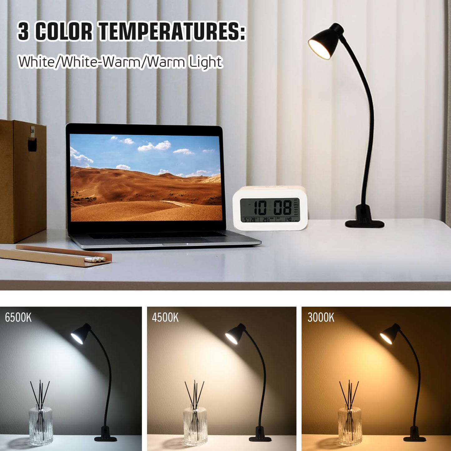 CeSunlight 2 Pack Clip Desk Lamp, Ultra-Flexible Gooseneck Clip Reading Lights, 3000K-6500K Adjustable Color Temperature & Brightness, 6W Eye-Care LED for Office, Study, Bedside(USB Adapter Included)