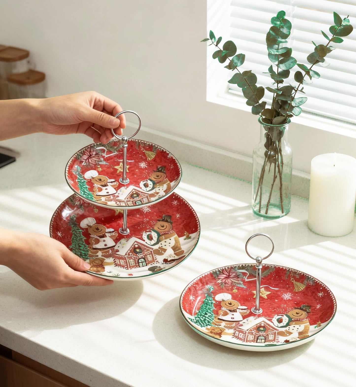 2-Tier Red Round Porcelain XMAS Cake Fruit Stand Plate with Gift Box, Cupcake Serving Display Ceramic Pastry Tray Towers Platter Set for Dessert Appetizer Candy Buffet for Home Party - Gingerbread Man