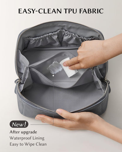 EACHY Leather Makeup Bag, Portable 180° Wide-Open Flat Cosmetic Bag for Women, Large Capacity Make Up Organizer Makeup Pouch with Divider and Handle