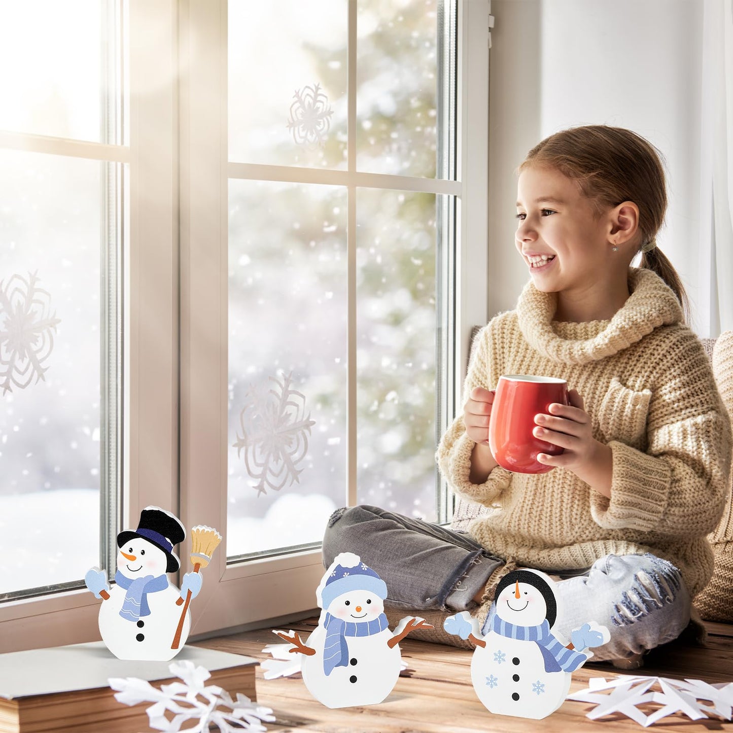 COCHIE Snowman Christmas Decorations Indoor, Cute Winter Tiered Tray Decor Set of 3, Wooden Snowman Blocks Xmas Table Decoration for Party Home Office Shelf Door (Let It Snow)