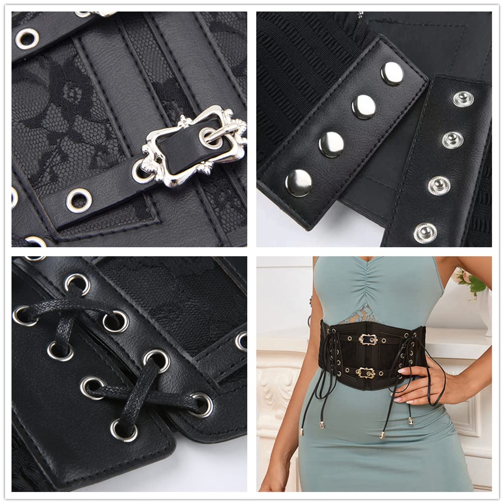 Sup-Coente Goth Black Wide Waist Belt Women Leather Elastic Stretch Corset Belt Gothic Punk Victorian Pirate Alt Emo Fashion