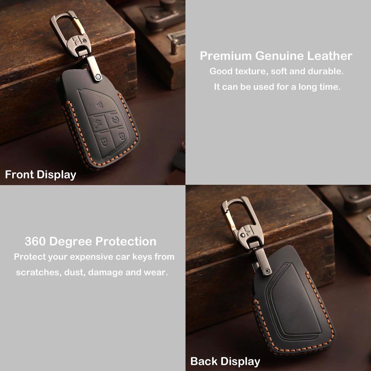 Leather Key Fob Cover for Chevy, Retro Smart Fob Protection Case Compatible with 2021 2022 2023 2024 2025 Chevy Tahoe Suburban GMC Yukon Denali Sierra Silverado Buick (Black, 5 Buttons)
