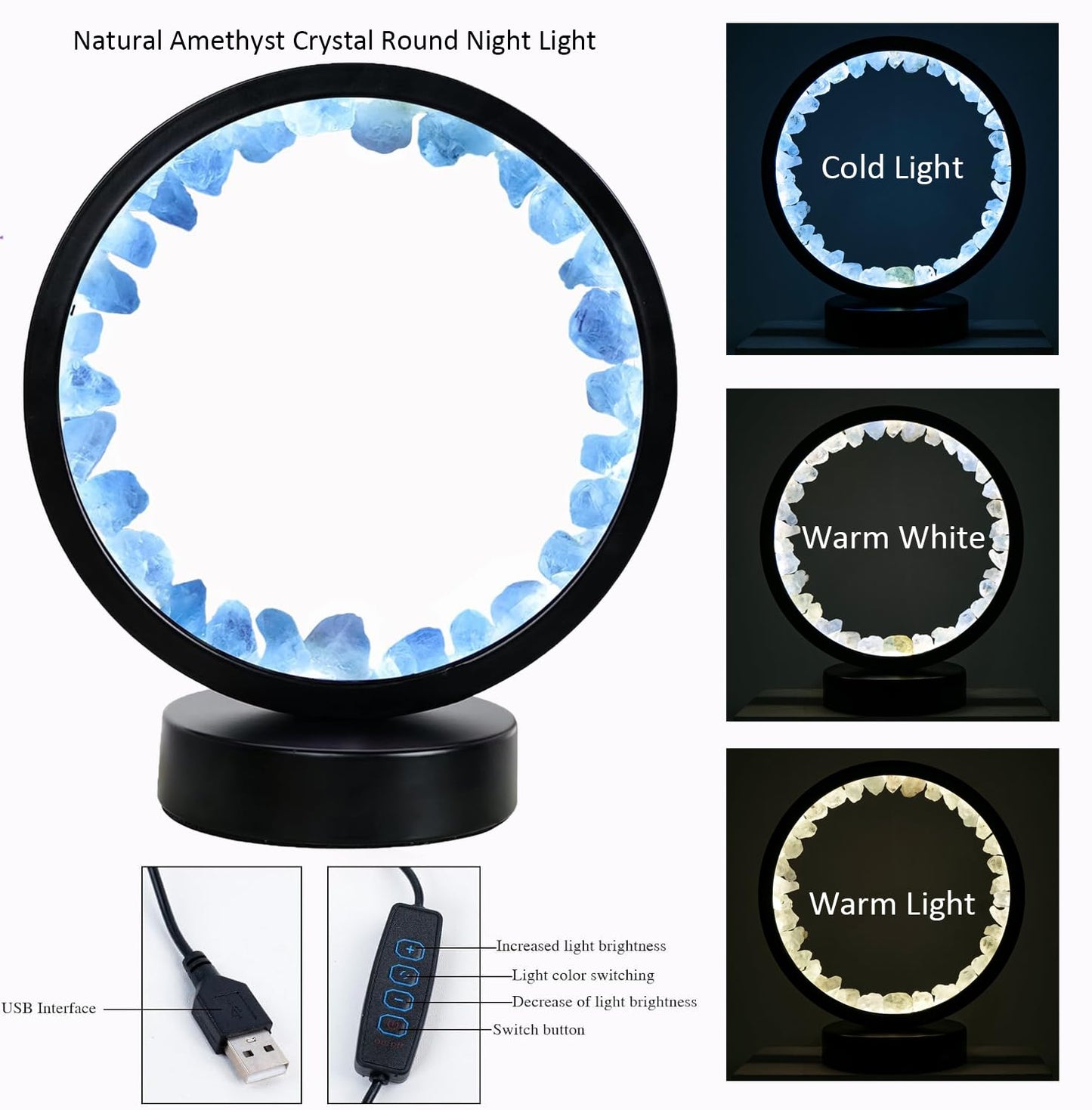 Runyangshi Celestite Night Light 8.6" Natural Healing Crystal Bedside USB Port 3 Colours Dimming Mode Bedroom Lamp Suitable Night Lamp Ideal Gift