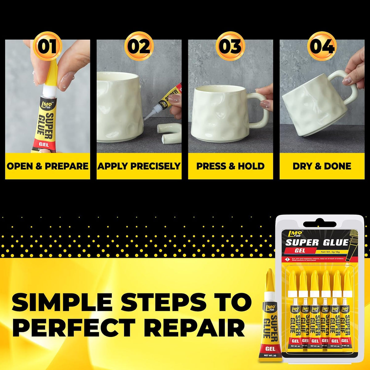 Super Glue Gel 6x3g CA Glue, Clear Cyanoacrylate Adhesive Single Use for Shoe Sole Repair Ceramic Plastic Model Metal Wood Aquarium Leather Pottery Glass, Food Safe Strong and Instant Bonding