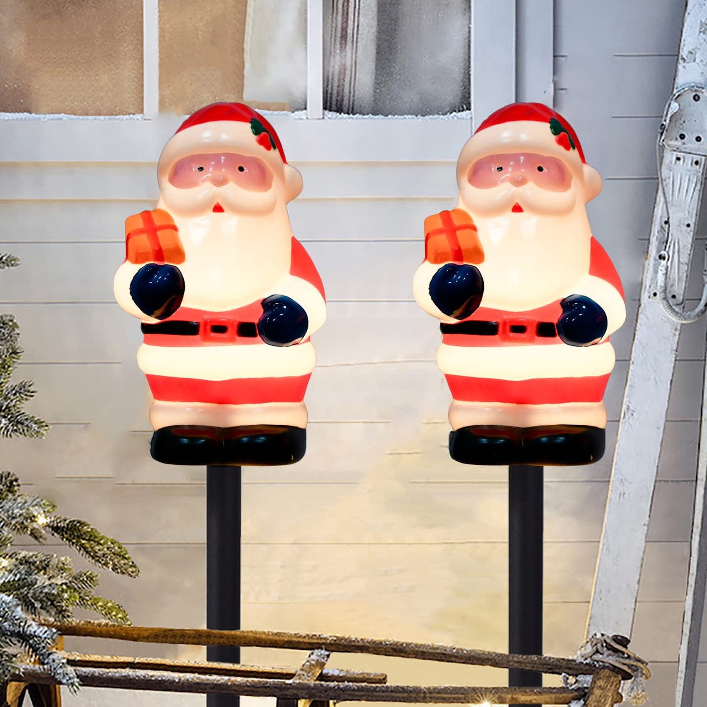 Christmas Decorations Outside, 7Ft Christmas Santa Pathway Stake Lights with 4 C7 Bulbs, Stake, Connectable Waterproof Driveway Markers Lights for Outside Path Garden Decor Holiday Yard Patio