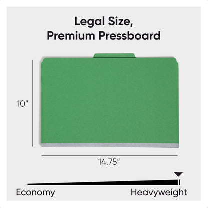 Smead Pressboard Legal Size File Folders with SafeSHIELD Fasteners, 2 Dividers, 2" Expansion, Office Folders, Paper Holder, Green, 10 per Box (19033)