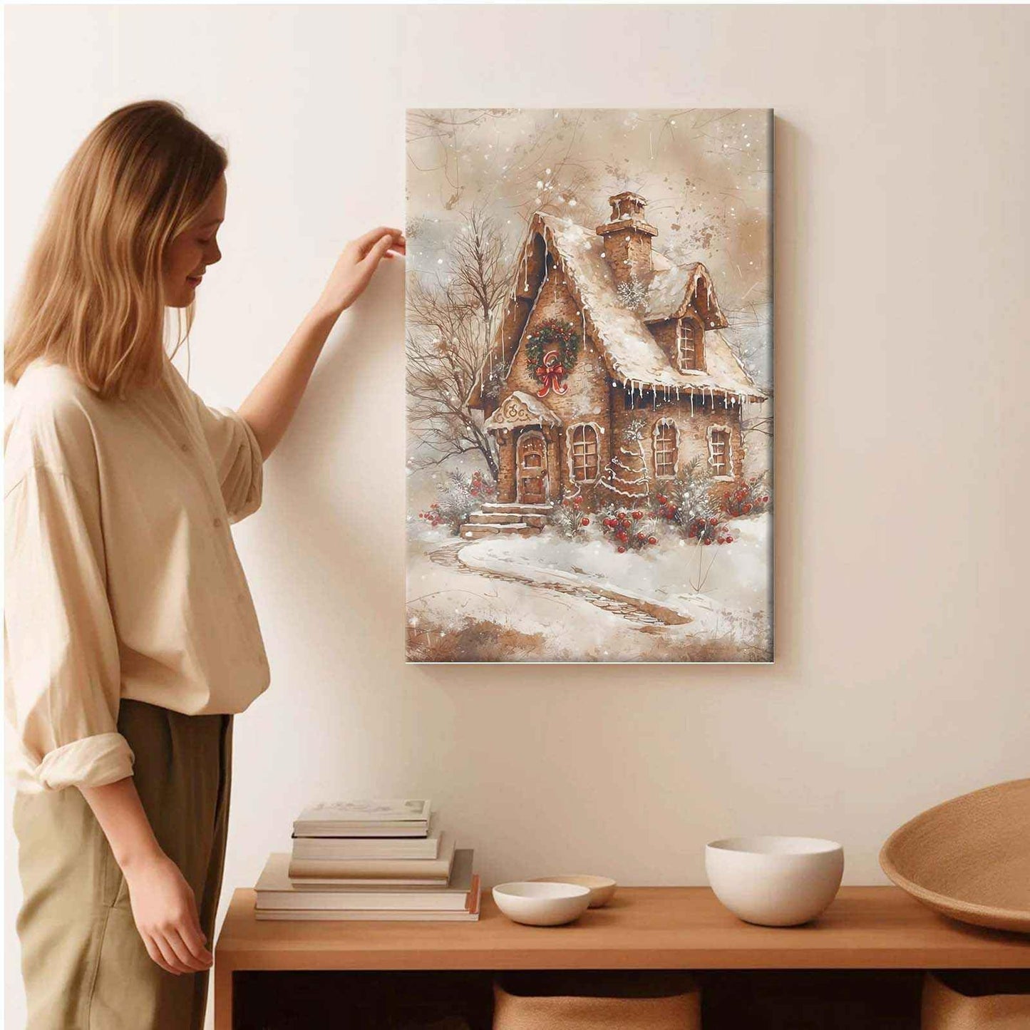 Framed Canvas Wall Art Home decor Winter Gingerbread House Traditional Christmas Print Festive Artwork Wall Decor canvas print poster 8x12in Wood Framed