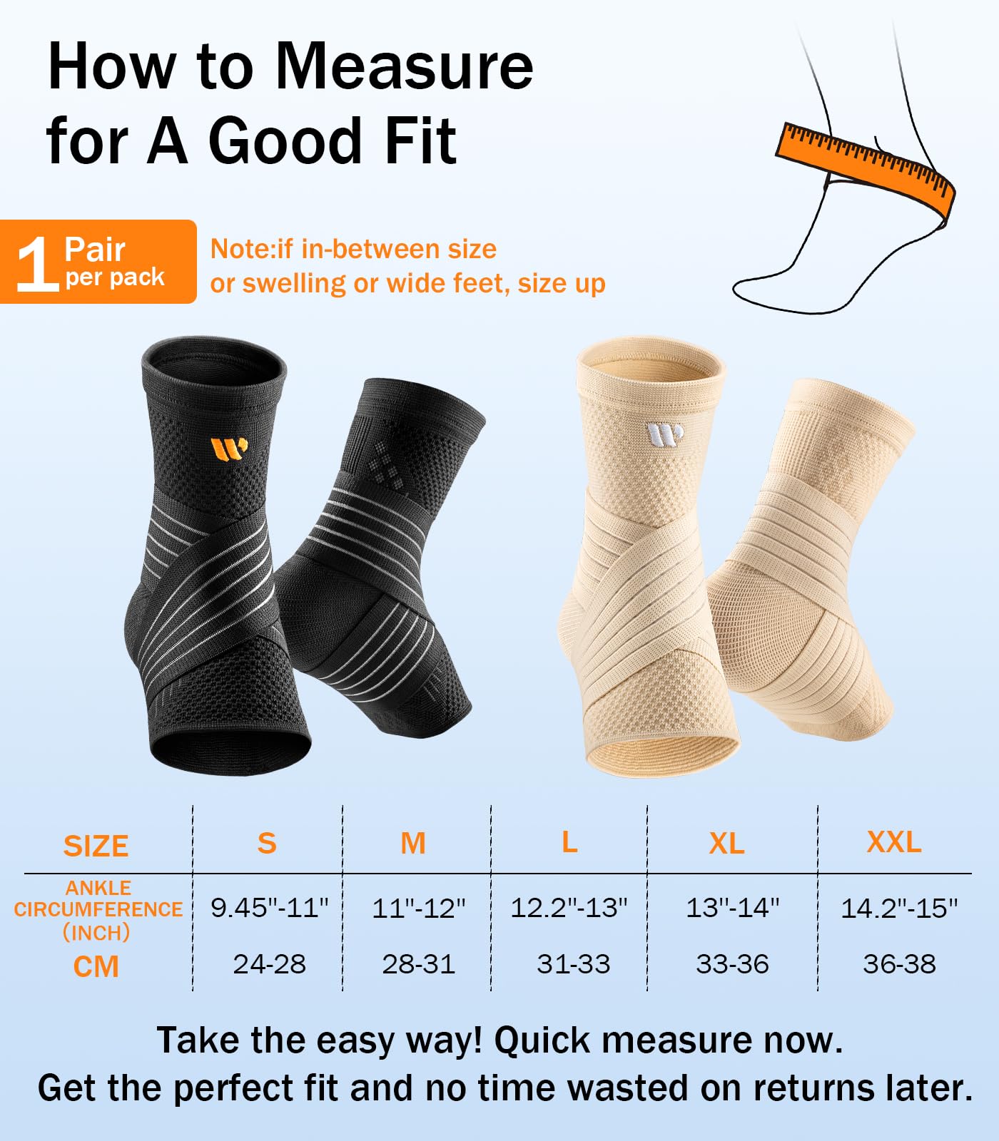 WHCOOL Low-Profile Ankle Braces for Women & Men, Customizable Ankle Compression Sleeve w/Wide Strap, Foot Support Wrap for Plantar Fasciitis Pain Relief, Achilles Tendonitis, Sprain, Black, 1 Pair, XL