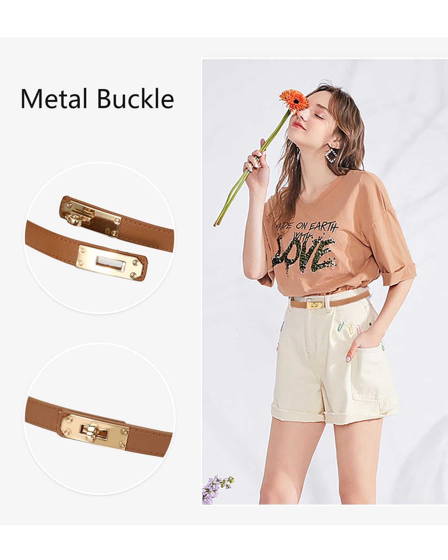 ANHAISHUILV Women's Skinny Leather Belt with Adjustable Golden Turn-Lock Buckle - Ideal for Dresses, Jeans, and Coats, Caramel Black