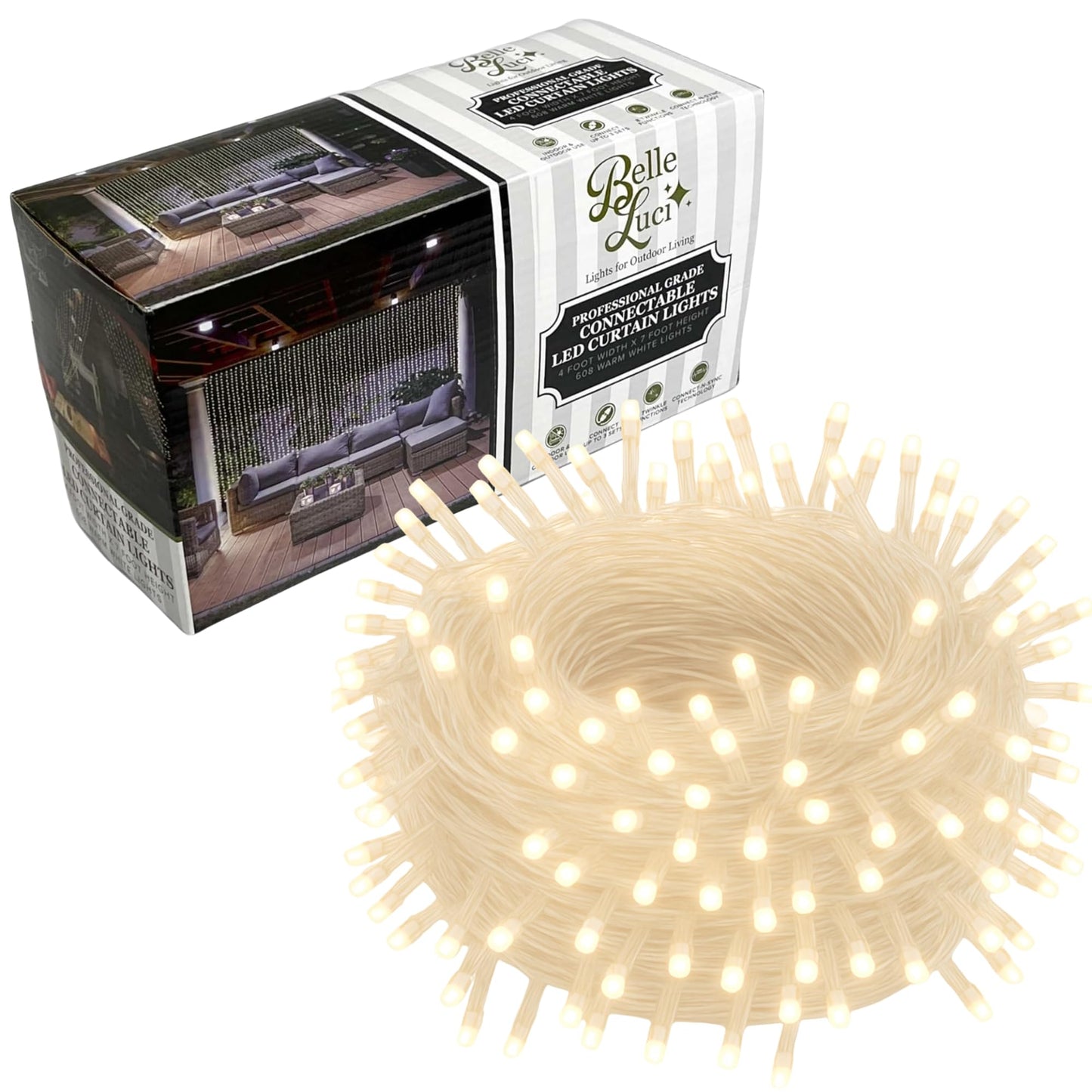 Belle Luci 608-Bulb Warm White Connectable LED Curtain Lights Outdoor Porch Decor 4'X7'
