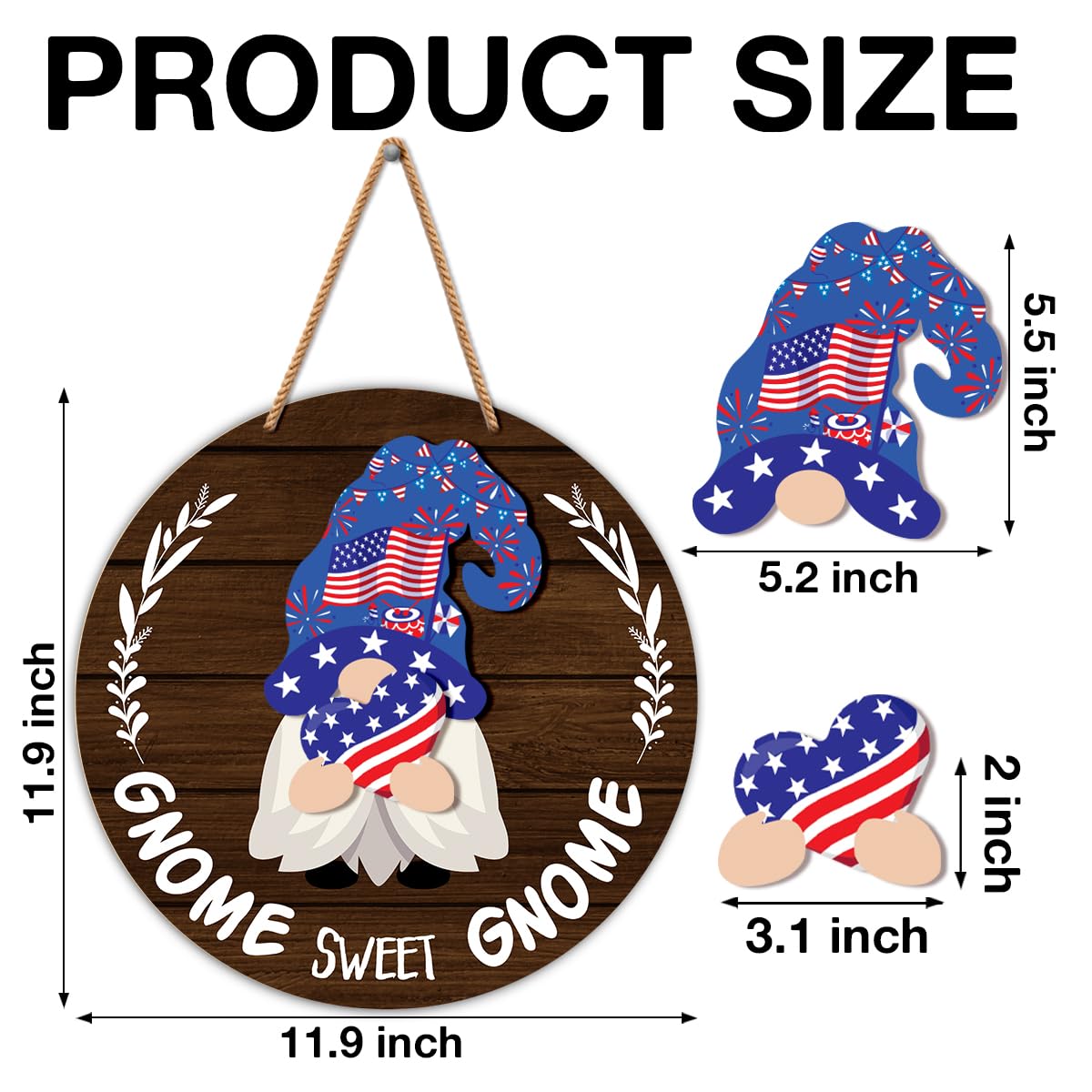 Interchangeable Gnome Welcome Sign Summer Patriotic 4th of July Door Decoration, Changeable Front Porch Decor Wood Wreath Gnomes Gifts for Spring Fall Winter All Seasons Holiday, Antique Brown