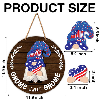 Interchangeable Gnome Welcome Sign Summer Patriotic 4th of July Door Decoration, Changeable Front Porch Decor Wood Wreath Gnomes Gifts for Spring Fall Winter All Seasons Holiday, Antique Brown