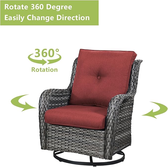 Rilyson Patio Furniture Swivel Chairs Set - 7 Piece Wicker Rattan Outdoor Sectional Conversation Sets with 4 Swivel Rocking Chairs,2 Ottomans and 1 Sofa for Porch Deck Garden(Mixed Grey/Red)