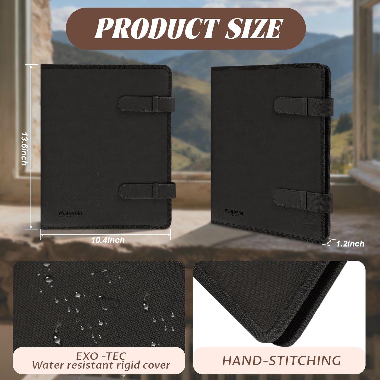 Plinyvel Leather Sketchbook Cover for 9x12 - Travel Portfolio Case with Storage, Holds Large Sketch Book & Spiral Pad | All-in-One Artist Organizer with Pencil Holder (Black)