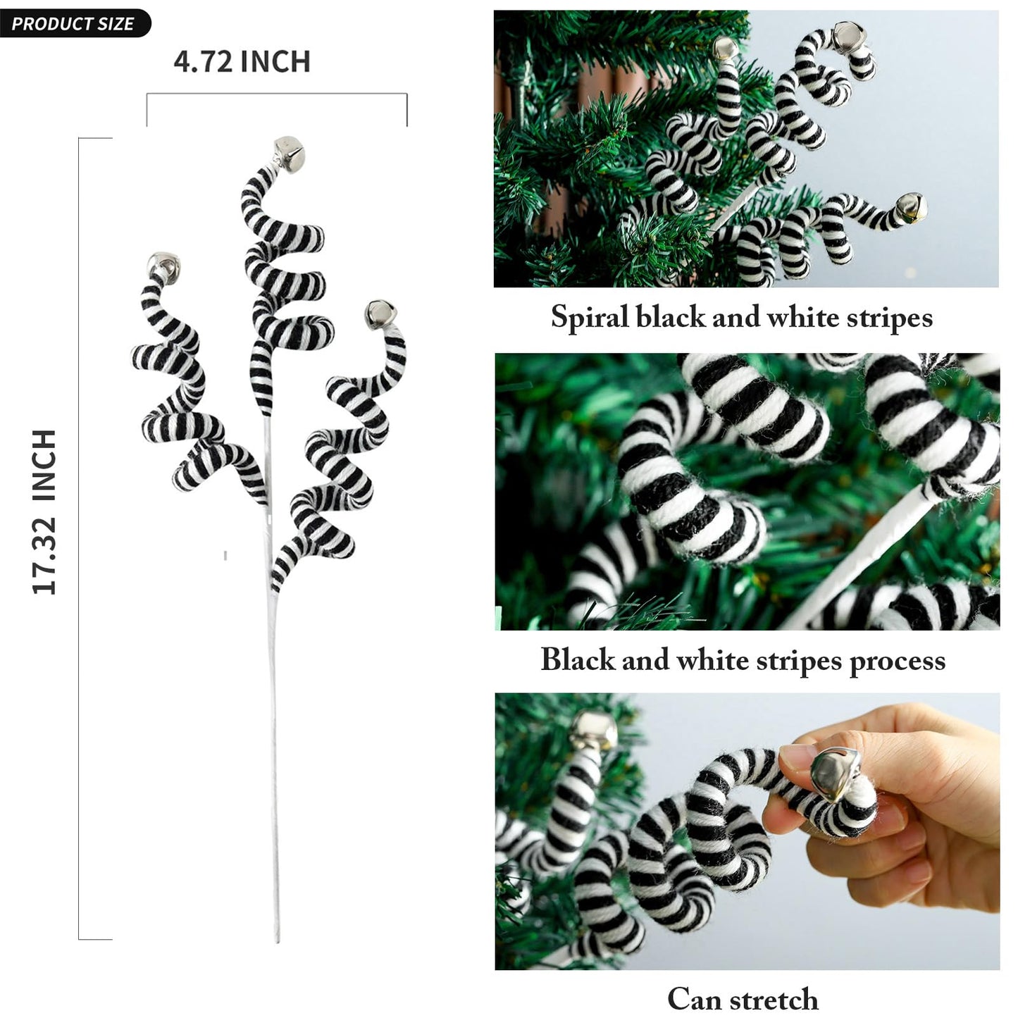 ZHANYIGY 4PC Set Black/White Christmas Tree Picks Christmas Tree Decoration Woolen Bells Curly Pick, Halloween Decoration Home Office Paty Ornaments