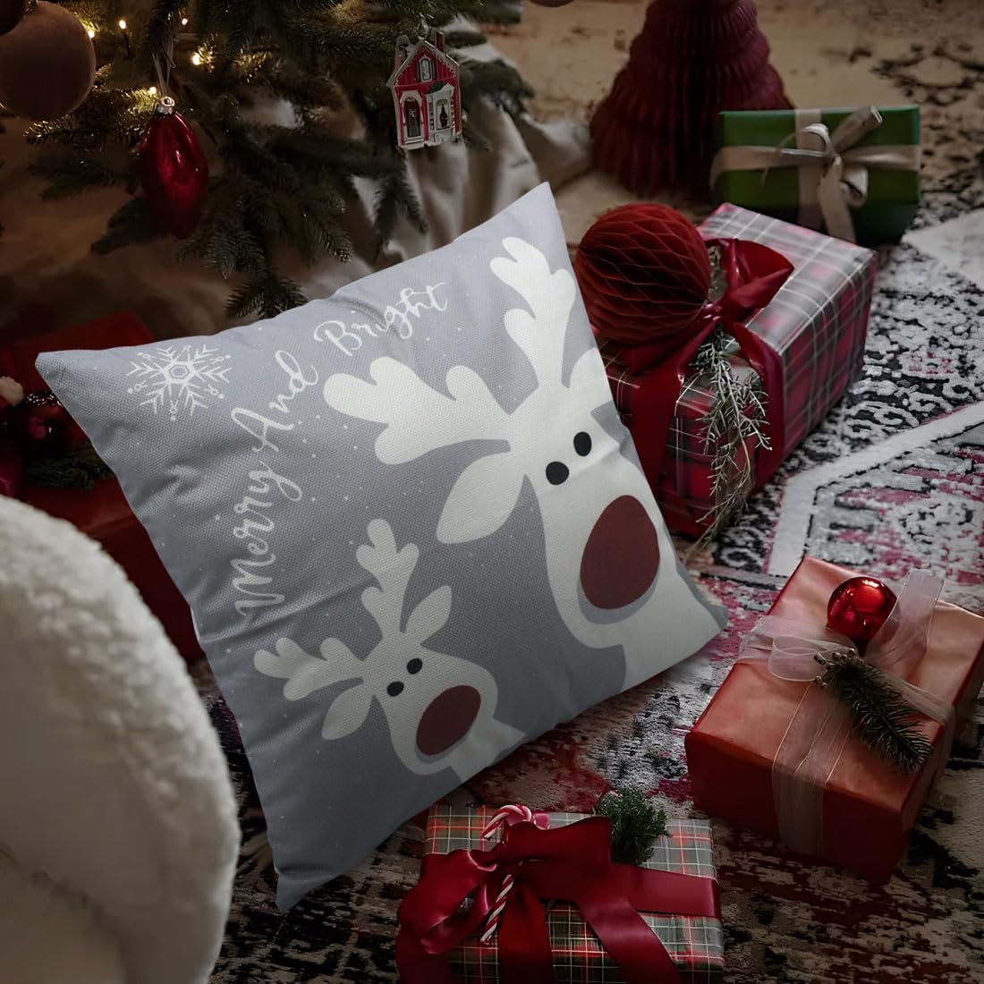 PSDWETS Christmas Pillow Covers 18x18 Set of 4 Christmas Decorations Snowman Deer Tree Winter Holiday Decor Throw Cushion Case for Home Couch