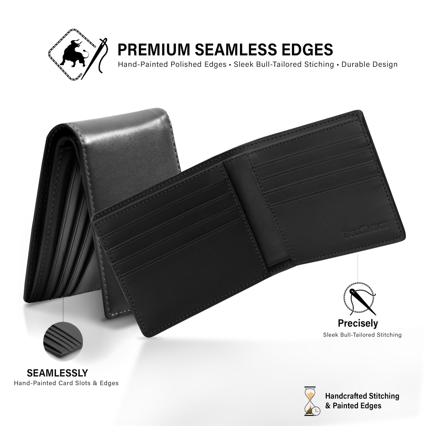 BULLTAILOR Full-Grain Leather Wallet for Men, Minimalist Slim Mens Bifold RFID Blocking Wallet with Cash Pocket, 8 Card Slots (Black Onyx)