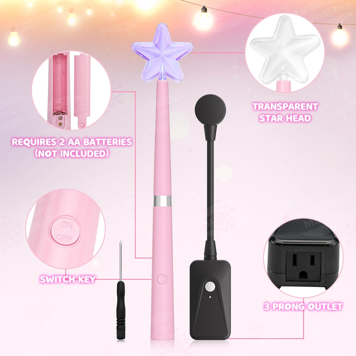 Christmas Wand Remote Control Outlet Kit with Music Surprised, Magic Light Wand for Christmas Tree Lights Smart Outlet for Home Decor Lights Kids Xmas Gift, Remote Light Switch with 100 Ft Range, Pink