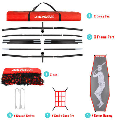 AOLIGEIJS 7'X7' Baseball Softball Practice Net,Pitching Net, Batting Net,with Tee,Bonus Strike Zone and Bow Frame,for Hitting,Pitching, Catching,with Carry Bag (Basebll Net+Batter Dummy) Red