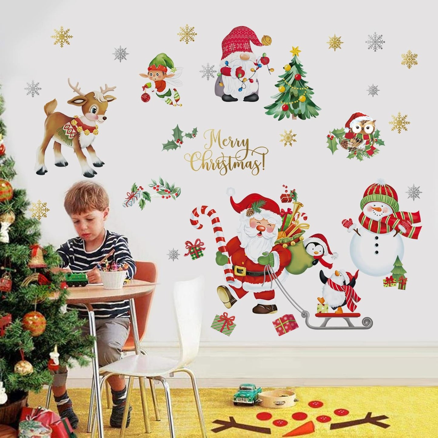 decalmile Christmas Window Wall Decals Santa Claus Elk Wall Stickers Snowman Snowflake Winter Penguin Window Clings Kids Room Home Party Shop Decorations