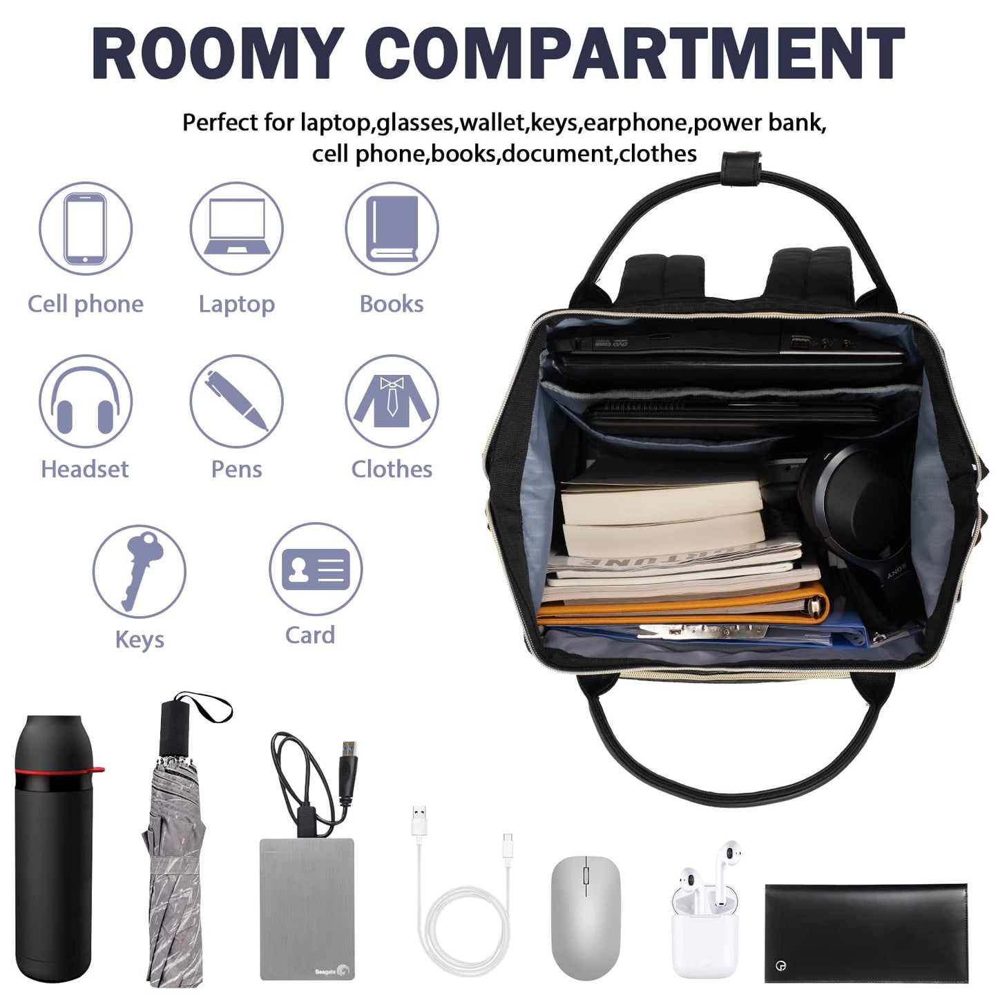 VANKEAN 17 Inch Laptop Backpack for Women Fashion Computer Work Bag, Large Capacity Waterproof Backpack, College Daypack Business Travel, Black