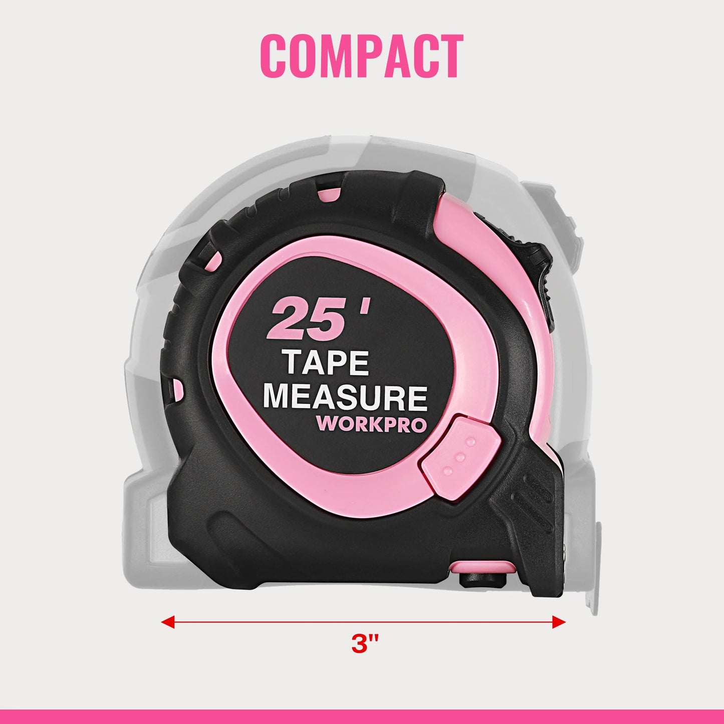 WORKPRO 25-FT Tape Measure with Fractions, 3 Brakes Retractable Measuring Tape, Compact Measurement Tape with Magnetic Hook, Nylon Coating Blade Accuracy 1/32”, Pink