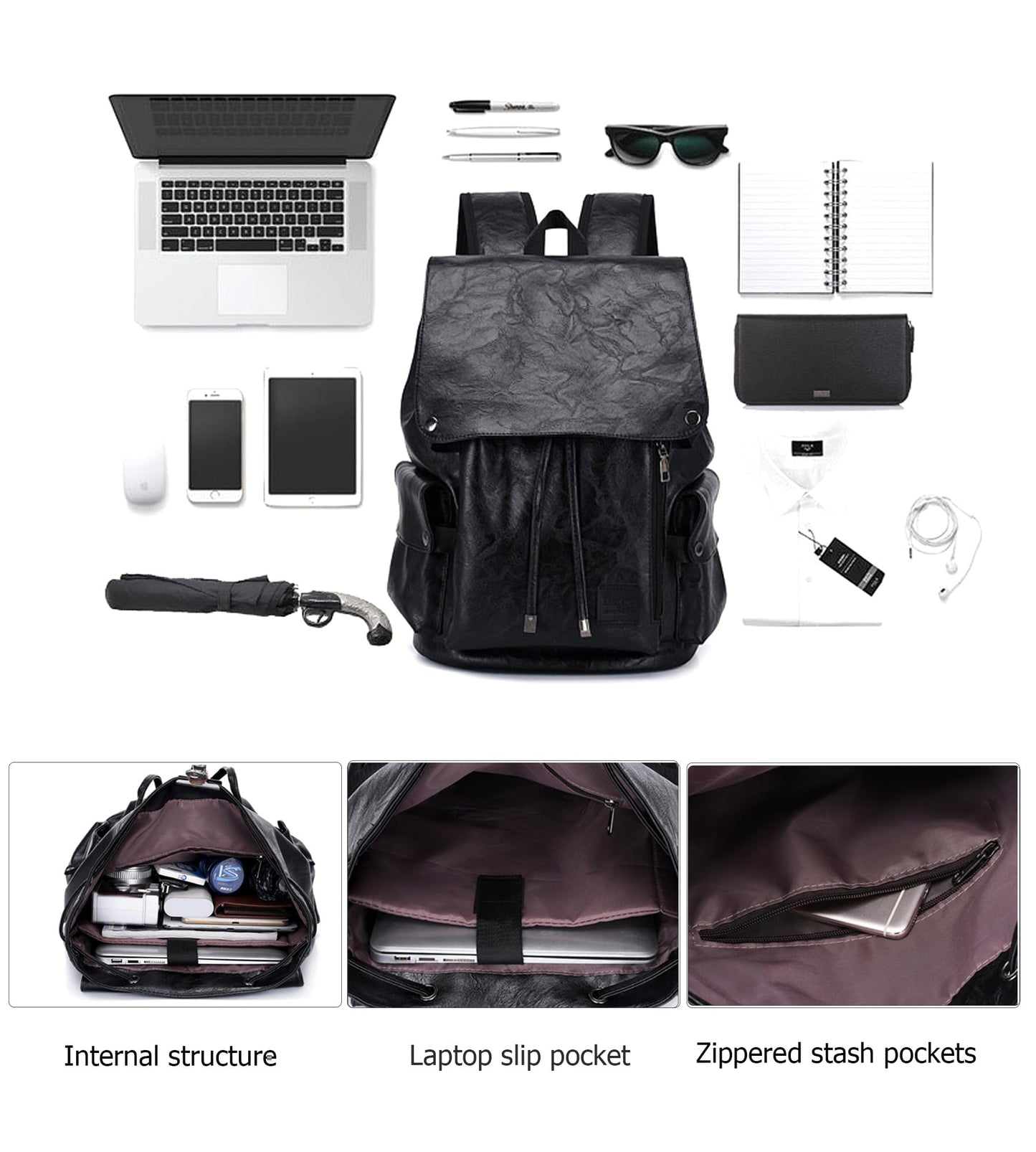 Sweetovo Leather Backpack for Women, Fashion Anti Theft Backpack Water Resistant Travel Daily, Black