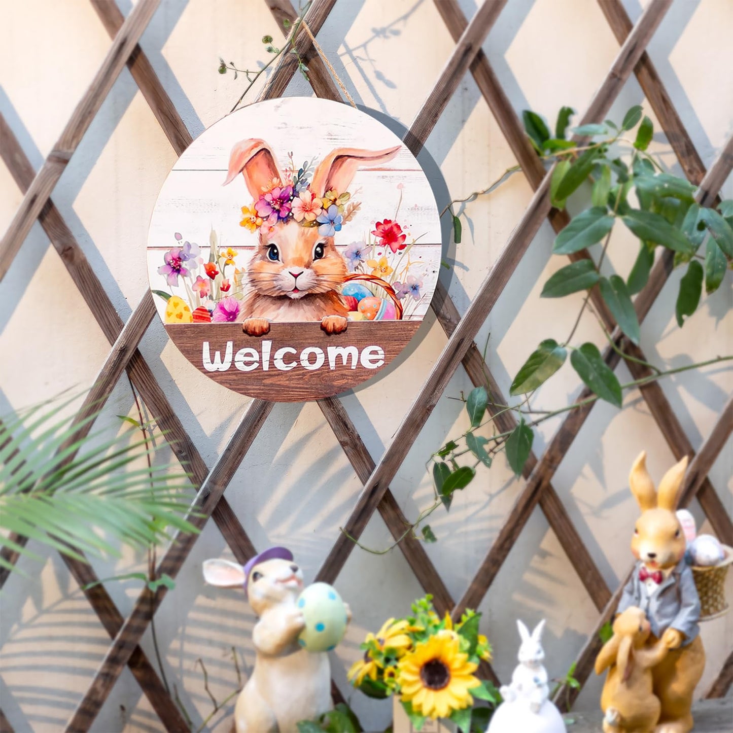 Walasis Easter Decorations for Front Door: Bunny Rabbit 3D Welcome Sign for Wall Decor Easter Wreaths Hanging for Home