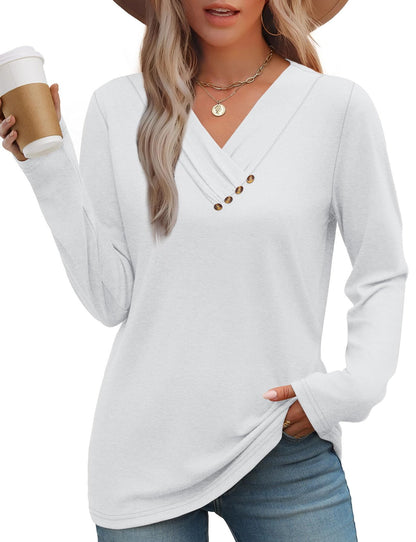 WIHOLL Long Sleeve Shirts for Women Fall Outfits V Neck T Shirts Button Down Tunic Tops Fashion Clothing