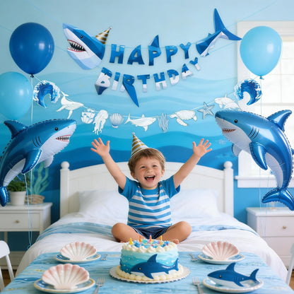 SUNBEAUTY Shark Birthday Party Decorations Shark Happy Birthday Banner Ocean Theme Hanging Shark Garland Under The Sea Pre-strung Shark Birthday Banner for Boys Baby Shower Beach Summer Pool Party（Blue）
