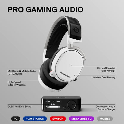 SteelSeries Arctis Pro Wireless Gaming Headset - Lossless High Fidelity Wireless + Bluetooth for PS5/PS4 and PC - White