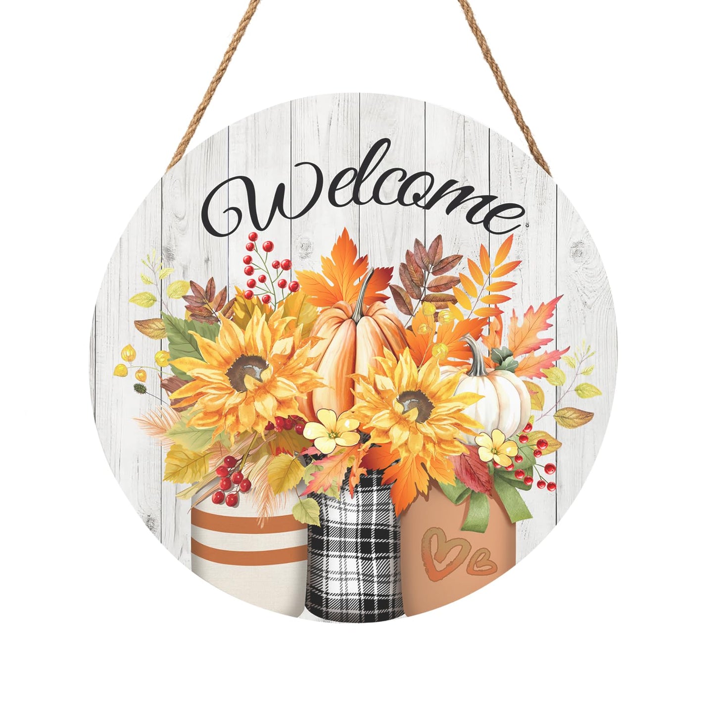 Harooni Fall Welcome Sign Door Sign 12"x12" Rustic Fall Decorations Hanging Door Sign Thanksgiving Farmhouse Welcome Round Wooden Sign for Home Front Door Wall Porch Yard Garden