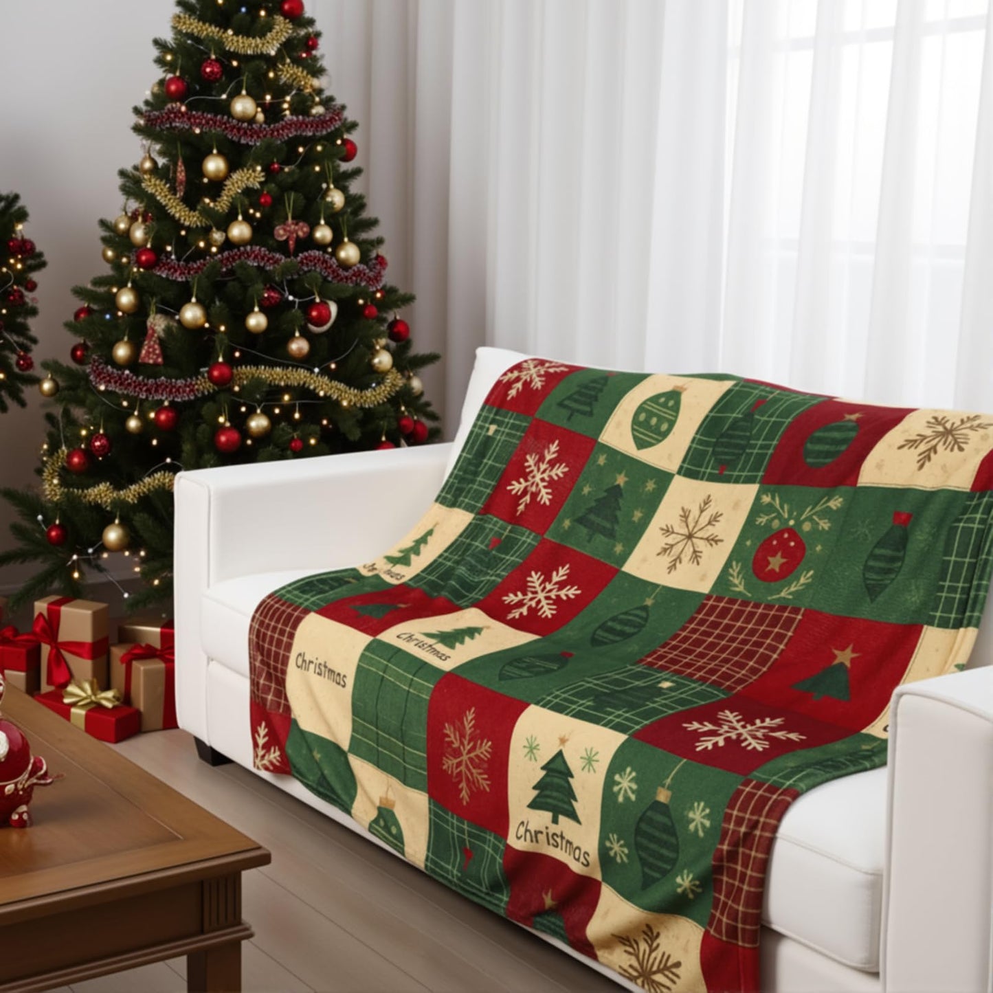 HunnmingRe Christmas Flannel Blanket Throw Red Green Checkered Blanket Christmas Tree Snowflake Soft Fuzzy Cozy Throw for Couch Bedroom Sofa Travel Bed Xmas Decor, 50 x 60 Inch