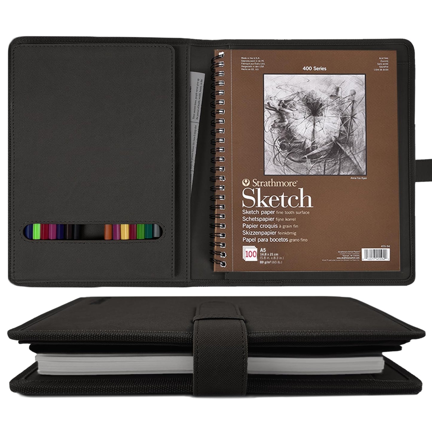 Plinyvel Travel Sketch Case & Cover: Leather Organizer Fits 5.5x8.5 Sketch Book & Spiral Pad | All-in-One Art Kit with Pencil Holder | Compact for Artists, Beginners & Travel (Black)