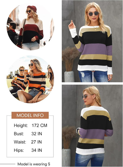 Dokotoo Womens Sweaters Striped Fall Winter Outfits 2025 Crewneck Drawstring Color Block Fashion Clothing