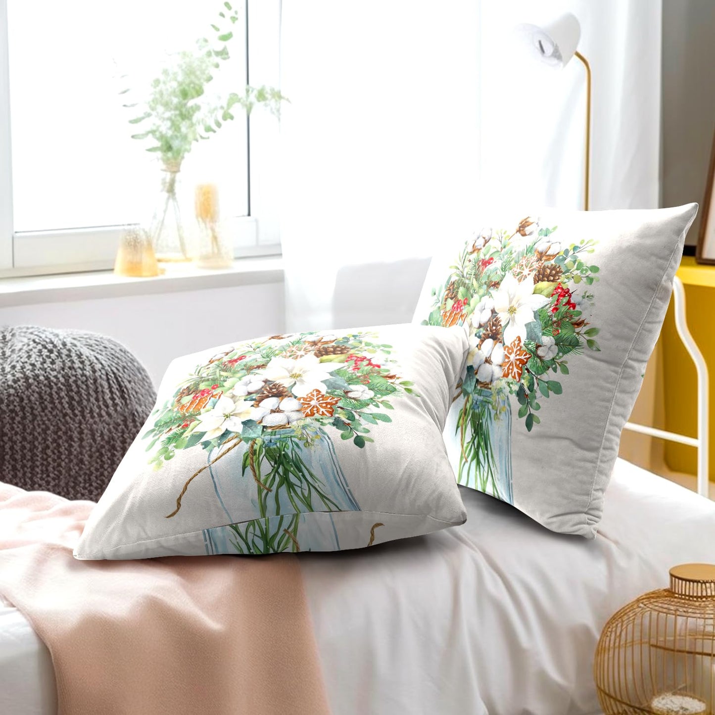 Winter Floral Bouquet Throw Pillow Covers 18x18 Inch 2 Packs Christma Poinsettias Pinecones Pillowcase Holly Berries Eucalyptus Mason Jar Farmhouse Cotton Square Cushion Case for Home Sofa Bedroom