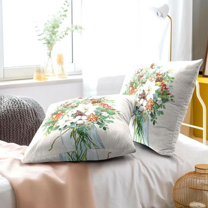 Winter Floral Bouquet Throw Pillow Covers 18x18 Inch 2 Packs Christma Poinsettias Pinecones Pillowcase Holly Berries Eucalyptus Mason Jar Farmhouse Cotton Square Cushion Case for Home Sofa Bedroom