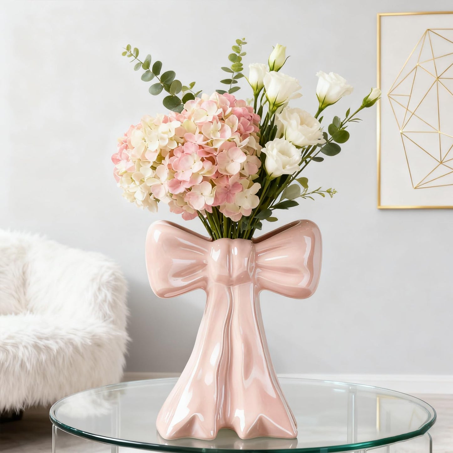 Disoza Bow Vase Pink Vase Ceramic Cute Decorative Flower Tulip Farmhouse Dazzling Modern Home Decor Pampas Grass for Table Bathroom Shelf
