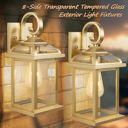 Gold Outdoor Wall Lights 2-Pack 15 Inch, Aluminum Anti-Rust Large Exterior Porch Wall Lanterns with IP65 Waterproof Clear Glass Brass Outdoor Lights Wall Mount Exterior Lights for House