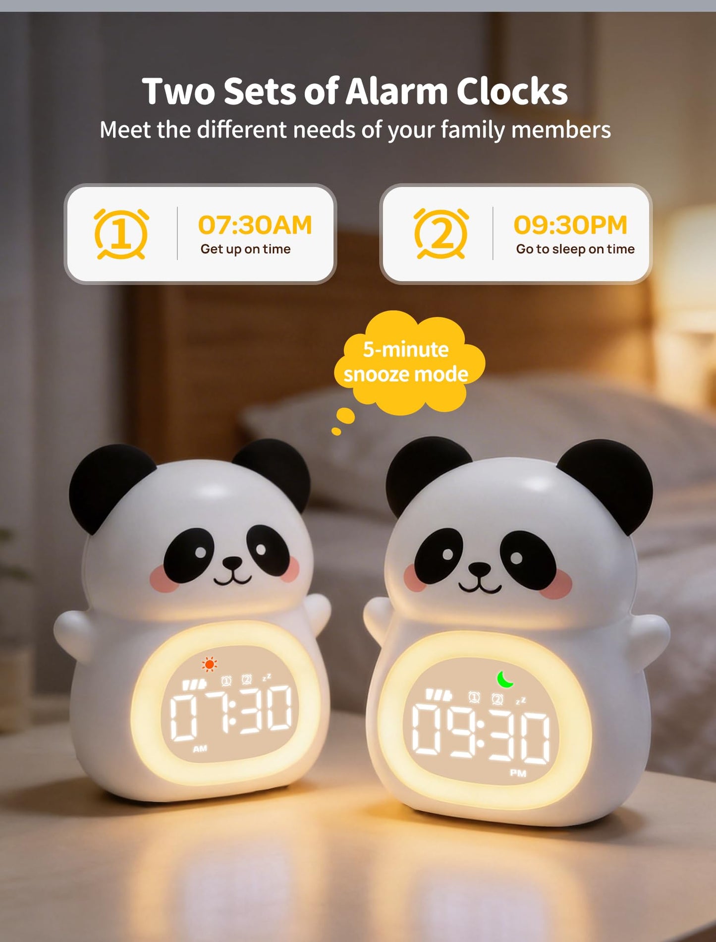 MASHI Panda Kids Alarm Clock, Sun & Moon Sleep Trainer for Toddlers, Cute Animal OK to Wake Clock with 9 Color Night Light, 6 Soothing Sounds, Dual Alarm, for Boys & Girls