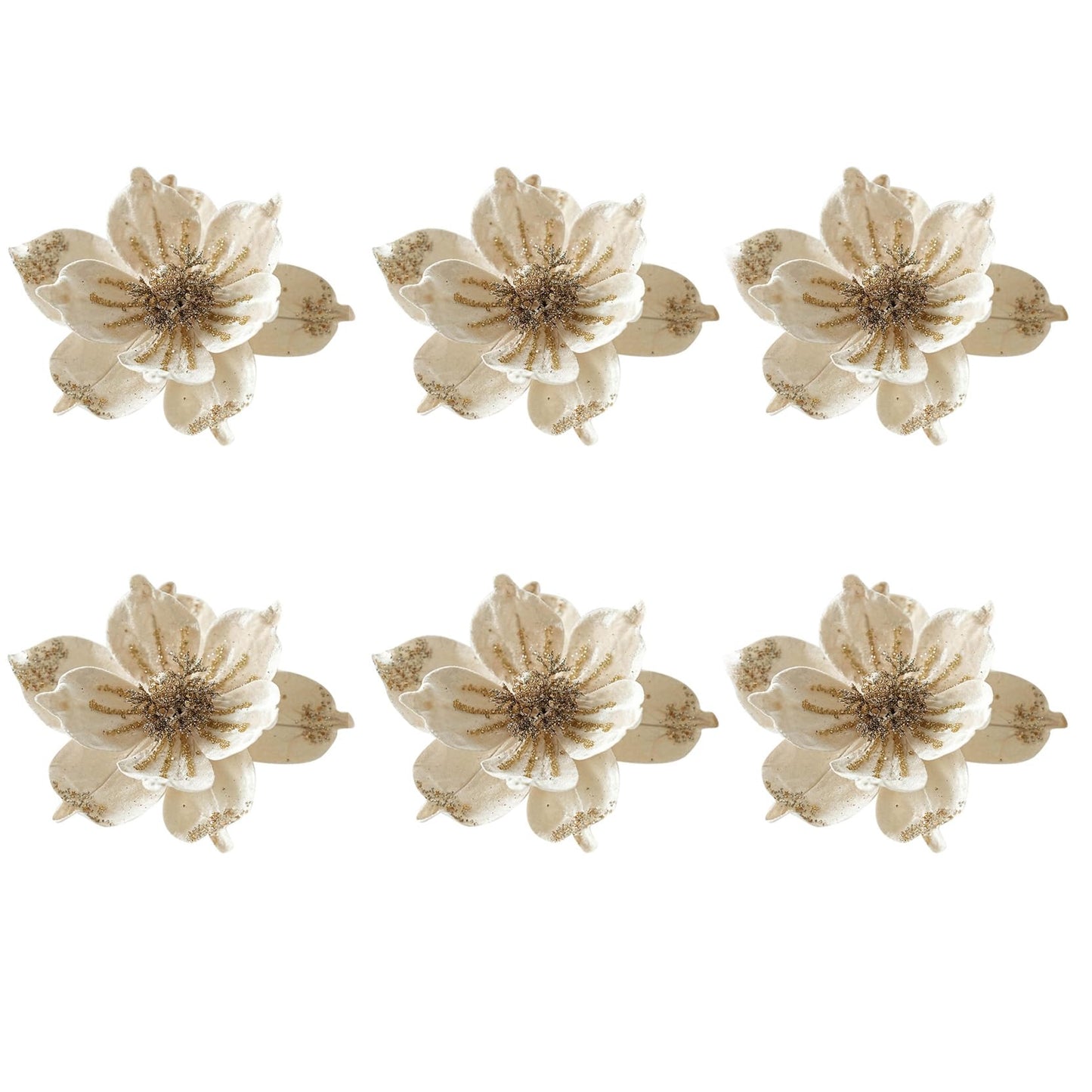JOYO Christmas Glitter Magnolia Flowers, 10'' Poinsettia for Tree, Easy to Hang Artificial Picks (Cream, 6Pcs)