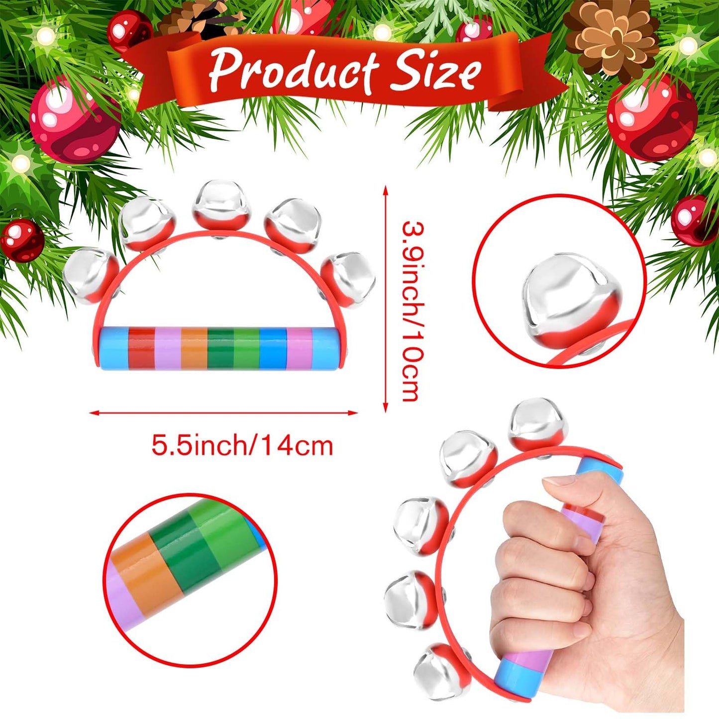 Bouiexye 8 Pcs Christmas Hand Bells for Kids Wooden Sleigh Bells with Red Handle for Classroom Christmas Party School Band Performance (Rainbow Color)