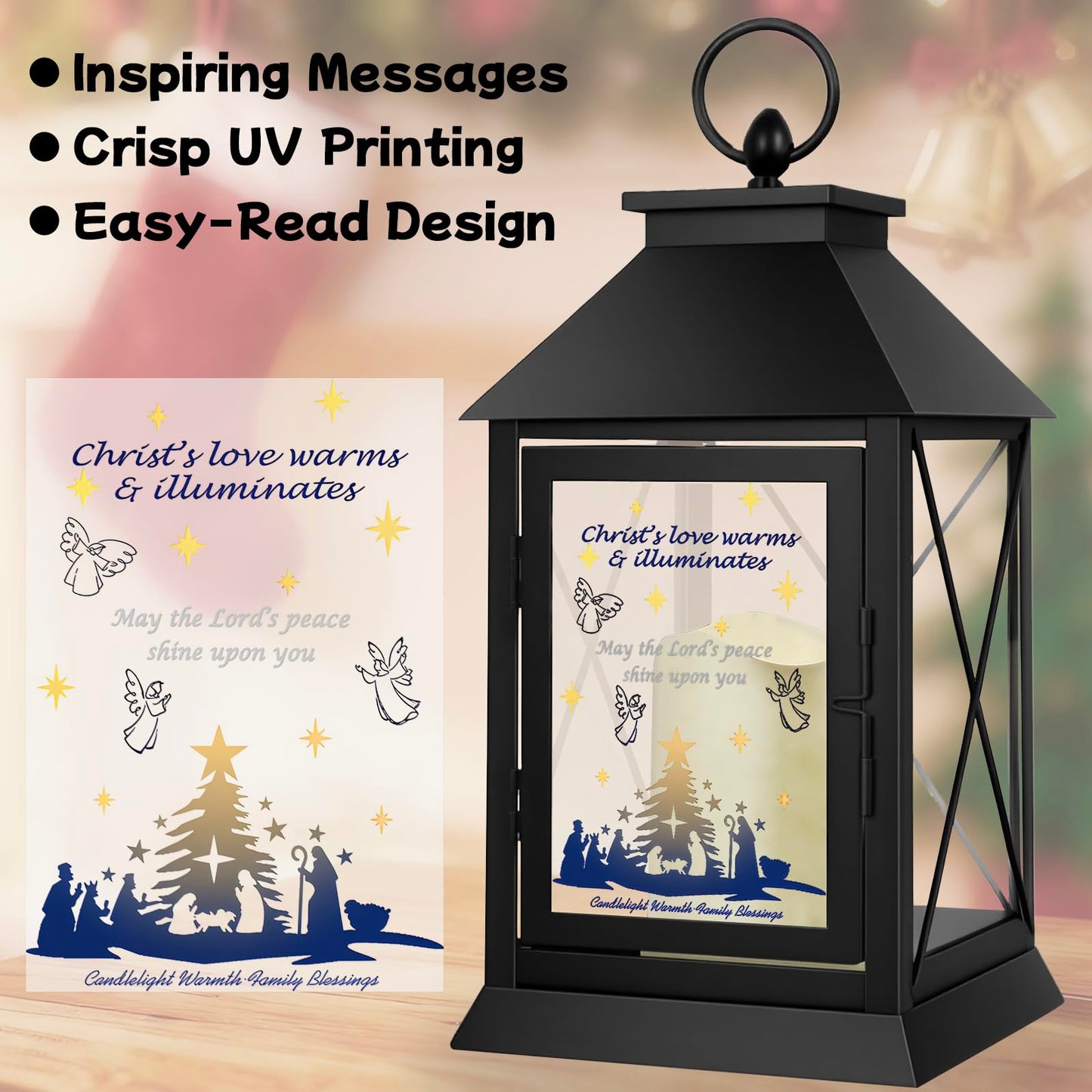 Christmas Candle Lantern Metal with LED Flickering Flameless Candles Light Xmas Decoration Lantern Indoor Outdoor Decorative for Table Home Decor Party Gift (Religion)